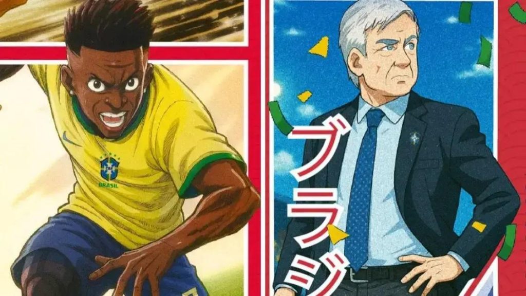 Vini e Ancelotti viram personagens de animes em arte da Seleção