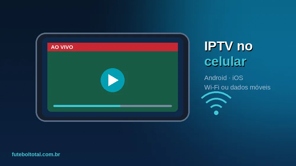 Ilustração de um smartphone na horizontal reproduzindo uma transmissão ao vivo em um aplicativo IPTV