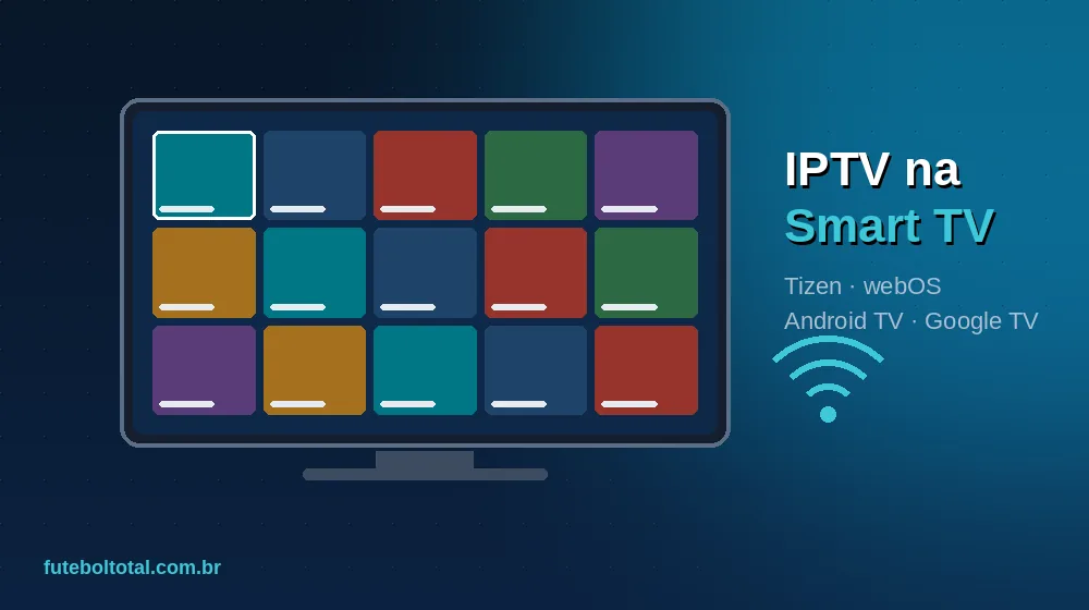 Ilustração de uma Smart TV exibindo a grade de canais de um aplicativo IPTV